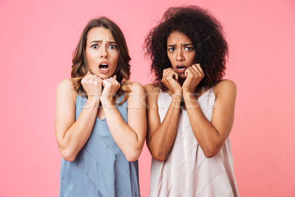 Two scared young girls dressed in summer clothes Stock photo © deandrobot