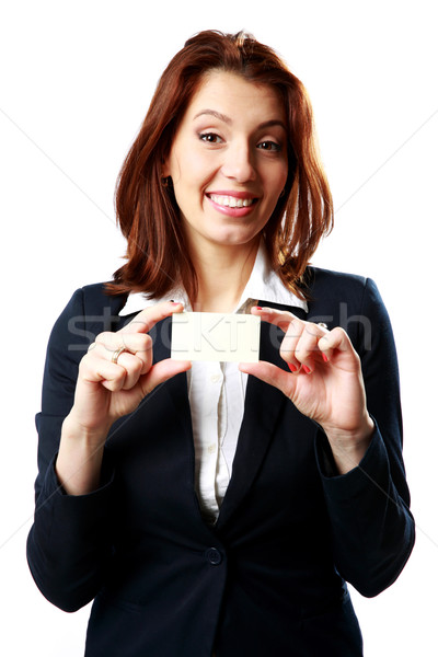 Stockfoto: Gelukkig · zakenvrouw · tonen · visitekaartje · geïsoleerd · witte