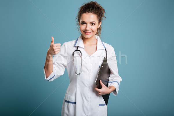 Foto stock: Médico · branco · casaco · estetoscópio · clipboard · indicação