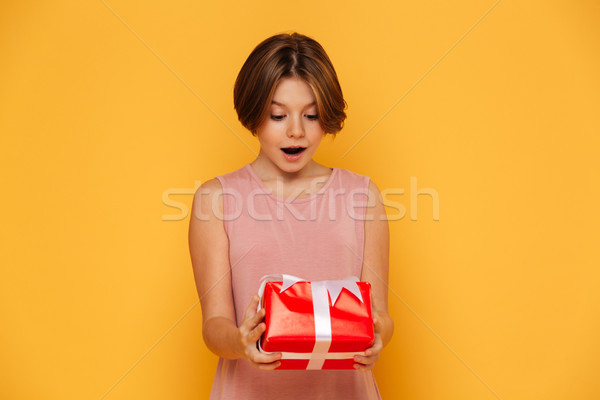 Surprised little girl with opened mouth looking at present isolated Stock photo © deandrobot