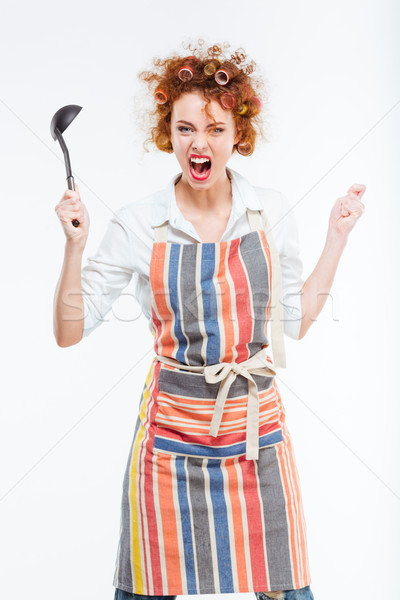 Böse Hausfrau Schürze halten Suppe Pfanne Stock foto © deandrobot