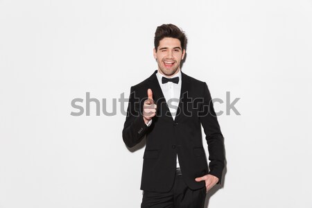 Boldog férfi csokornyakkendő csokornyakkendő ajándék doboz Stock fotó © deandrobot