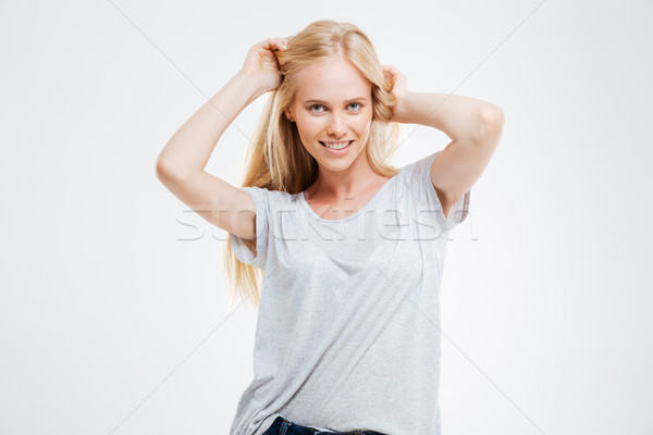 Portret wesoły piękna młoda kobieta blond włosy biały Zdjęcia stock © deandrobot
