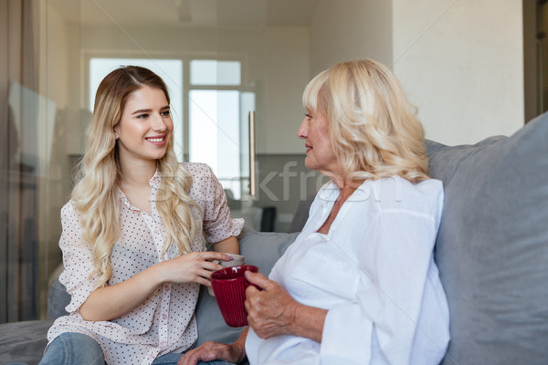 Cheerful young lady sitting at home with her grandmother Stock photo © deandrobot