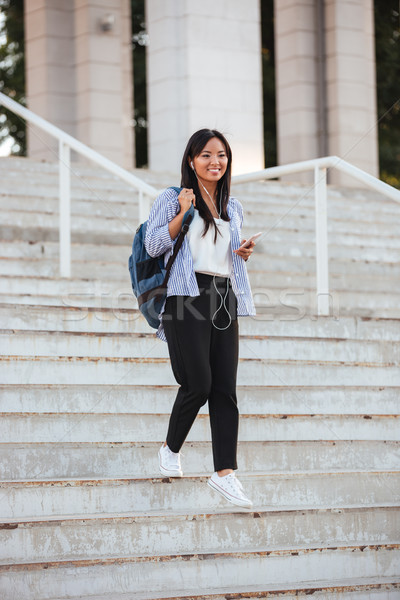 Full-length portrait of young happy asian woman, walking down st Stock photo © deandrobot