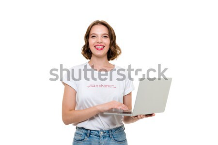 Vrouw tonen scherm gelukkig jonge vrouw Stockfoto © deandrobot