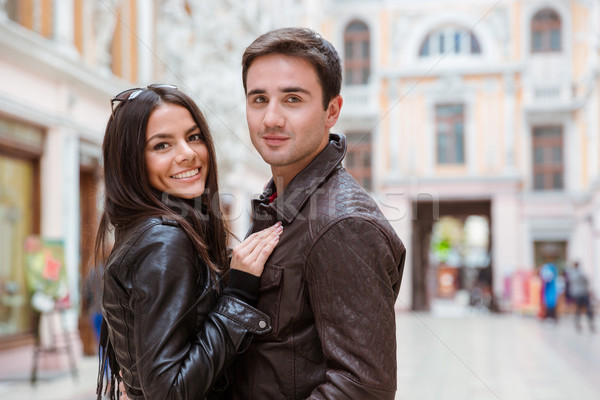 Feliz casal em pé ao ar livre retrato europeu Foto stock © deandrobot