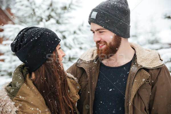 Foto stock: Hermosa · sonriendo · Pareja · invierno · forestales · retrato