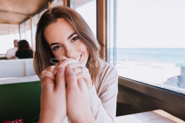 Foto d'archivio: Donna · data · holding · hands · uomo · donna · sorridente · seduta