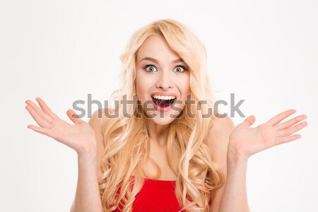 Portré boldog izgatott nő mutat remek Stock fotó © deandrobot