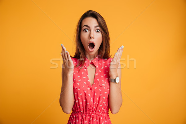 Photo of pretty shocked emotionally woman in red dress looking a Stock photo © deandrobot