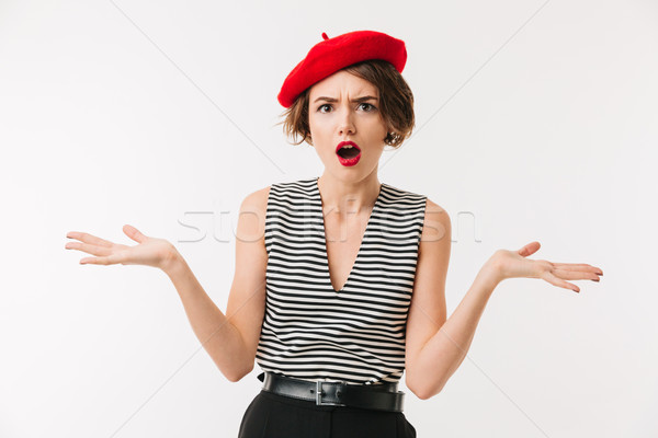 Porträt verwirrt Frau tragen rot Baskenmütze Stock foto © deandrobot