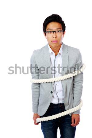 Tineri asiatic om corzi izolat alb Imagine de stoc © deandrobot