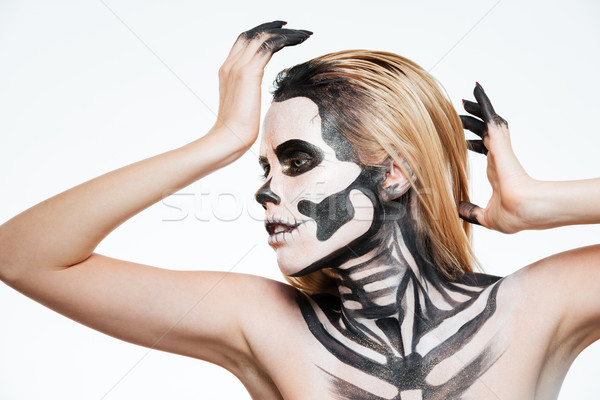 Nő ijedt halloween smink áll pózol Stock fotó © deandrobot