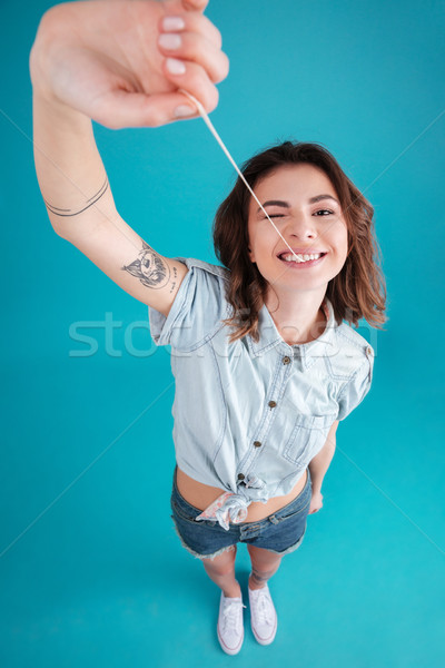 Stock foto: Jungen · funny · teen · girl · Dehnung · spielen · gum