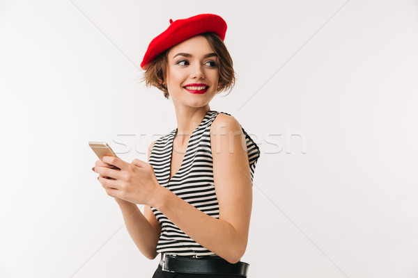 портрет улыбающаяся женщина красный берет Сток-фото © deandrobot
