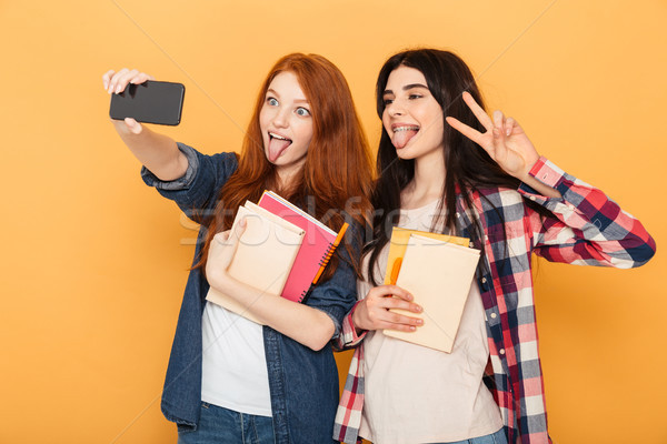 Portrait of two funny young school teenage girls Stock photo © deandrobot