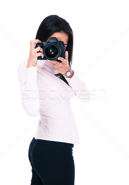 Mujer fotógrafo cámara aislado blanco pelo Foto stock © deandrobot