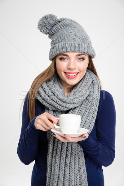 Feliz mujer invierno tela taza Foto stock © deandrobot