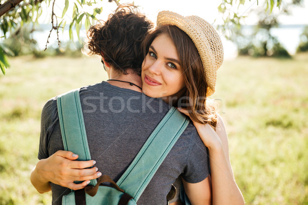 Kettő fiatal szerelmespár ölel erdő hipszter Stock fotó © deandrobot