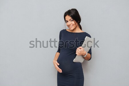 Foto stock: Embarazadas · mujer · de · negocios · ordenador · portátil · foto · feliz