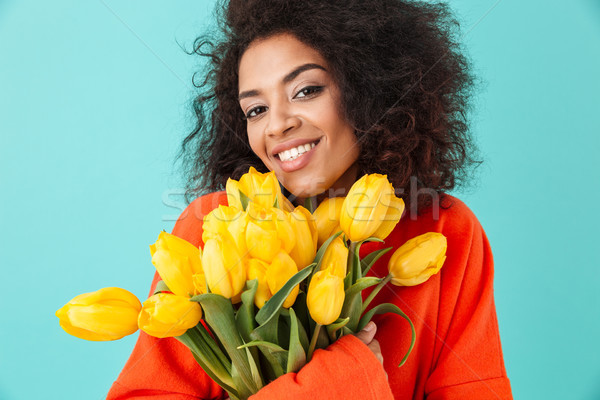Gorgeous american woman with messy hair looking on camera and ho Stock photo © deandrobot