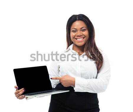 Foto stock: Africano · empresária · laptop · tela · feliz