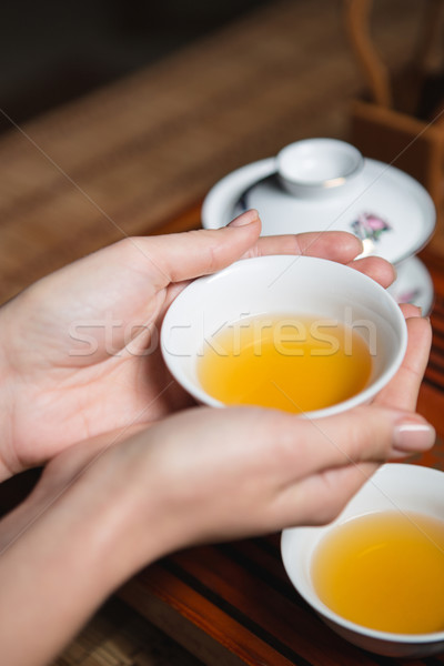 Female hands holding cup with tea Stock photo © deandrobot