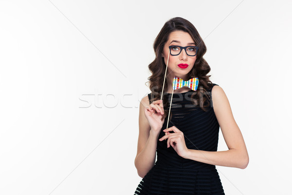 Szórakoztató gyönyörű fürtös nő hamisítvány szemüveg Stock fotó © deandrobot