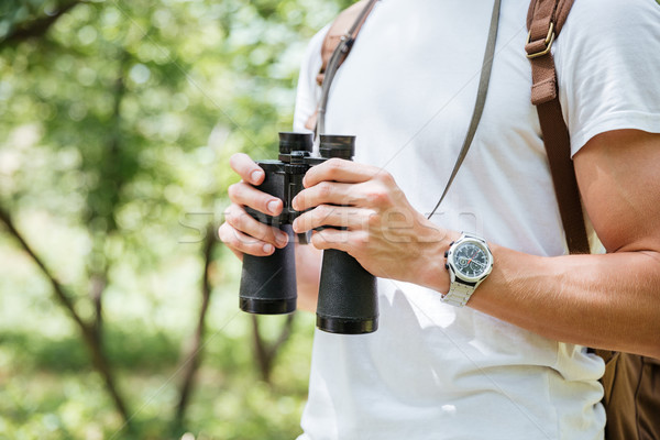 Foto stock: Homem · mochila · binóculo · floresta · moço