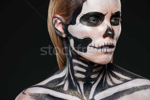 Közelkép lány vérfagyasztó halloween smink fekete Stock fotó © deandrobot