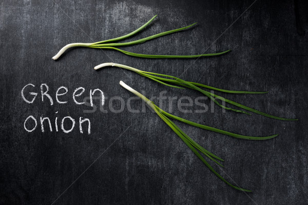 Green onion over dark chalkboard background. Stock photo © deandrobot