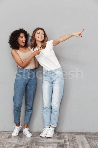 Foto stock: Retrato · dos · alegre · las · mujeres · jóvenes · pie