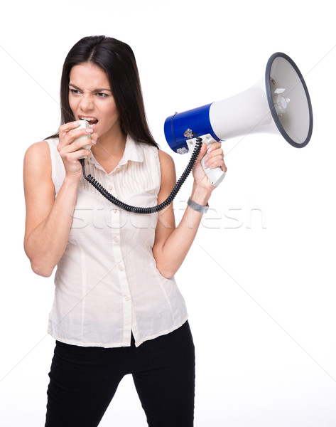 Foto stock: Mujer · de · negocios · altavoz · aislado · blanco