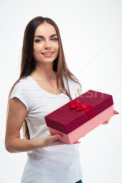 Charmant vrouw geschenkdoos gelukkig geïsoleerd Stockfoto © deandrobot