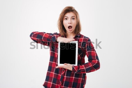 Surprised Girl in shirt holding handset Stock photo © deandrobot