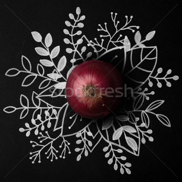 Stock photo: Red onion over outline floral hand drawn