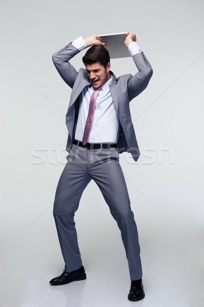 Angry businessman trying to smash his laptop Stock photo © deandrobot