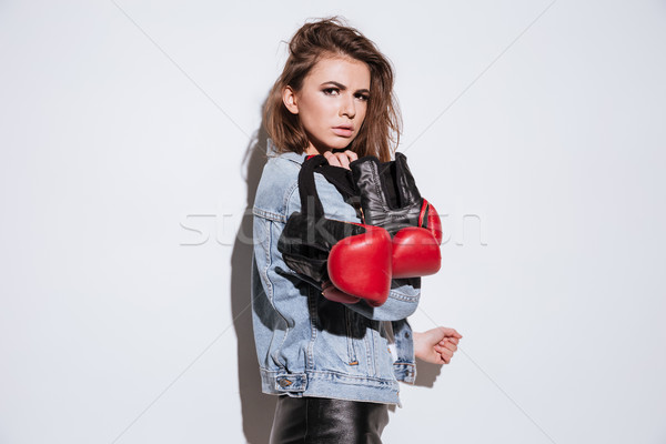 Bayan boksör yalıtılmış beyaz resim Stok fotoğraf © deandrobot
