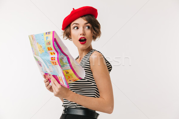 Porträt schockiert Frau tragen rot Baskenmütze Stock foto © deandrobot