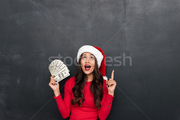 Stock foto: Zufrieden · Brünette · Frau · rot · Bluse · Weihnachten