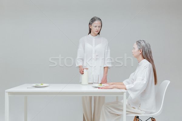 Dois meninas refeição tabela belo moda Foto stock © deandrobot