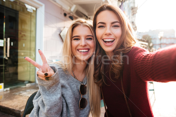 Two joyful attractive girls taking a selfie while sitting together Stock photo © deandrobot