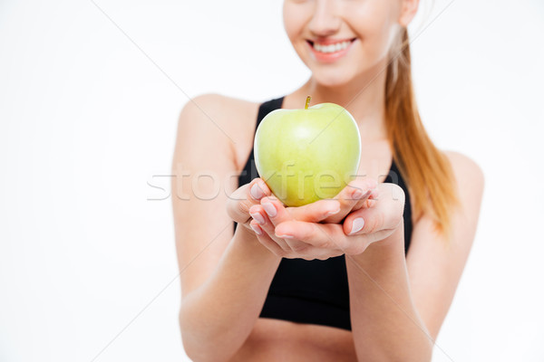 Foto stock: Fresco · verde · maçã · alegre · mulher · atleta