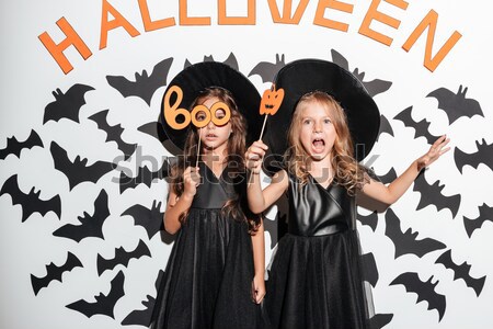Emocjonalny młodych kobiet halloween kostiumy zdjęcie dwa Zdjęcia stock © deandrobot