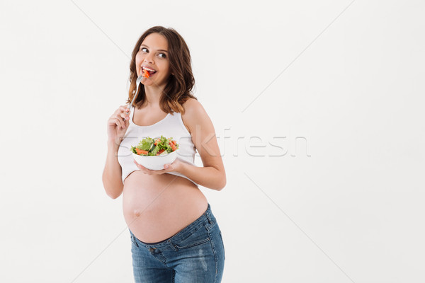 快樂 孕婦 吃 維他命 沙拉 圖像 商業照片 © deandrobot