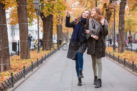 Foto stock: Dois · caminhada · outono · parque · retrato