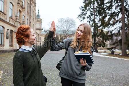 Foto stock: Dois · estudantes · em · pé · fora · universidade · escola