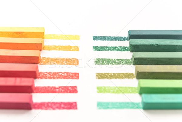 Cropped photo of colorful pastel chalks and their pigments Stock photo © deandrobot