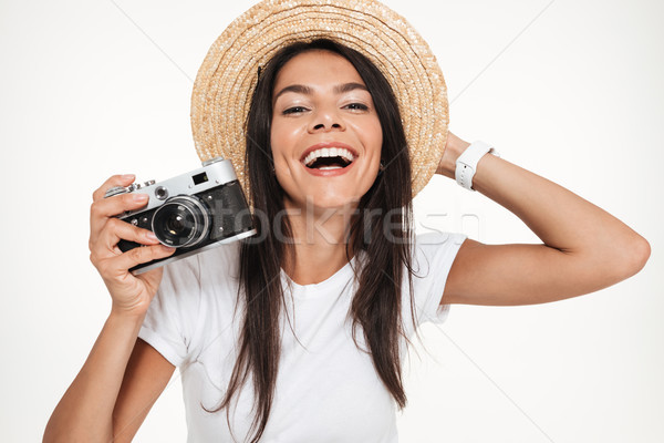 肖像 幸せ 女性 帽子 ポーズ ストックフォト © deandrobot